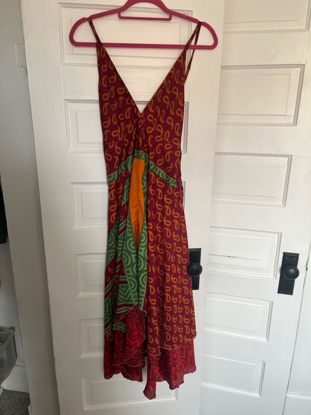 Multicolor Bohemian V-Neck Midi Dress Spaghetti Straps Repurposed Saree Fabric